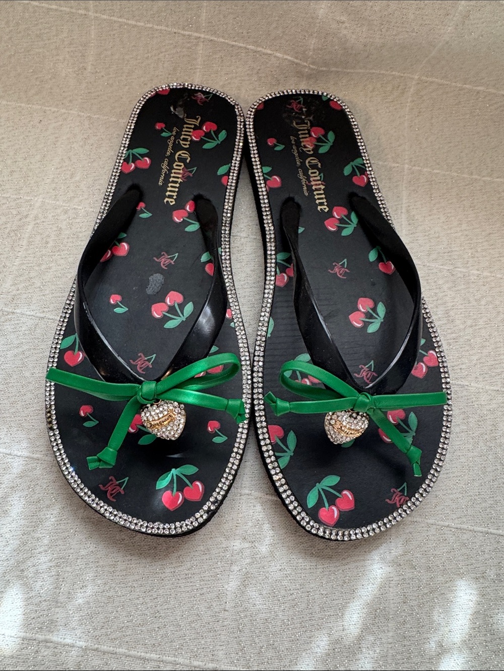Juicy Couture Black Cherry Print Rhinestone Trim Flip Sandals with Green Bow